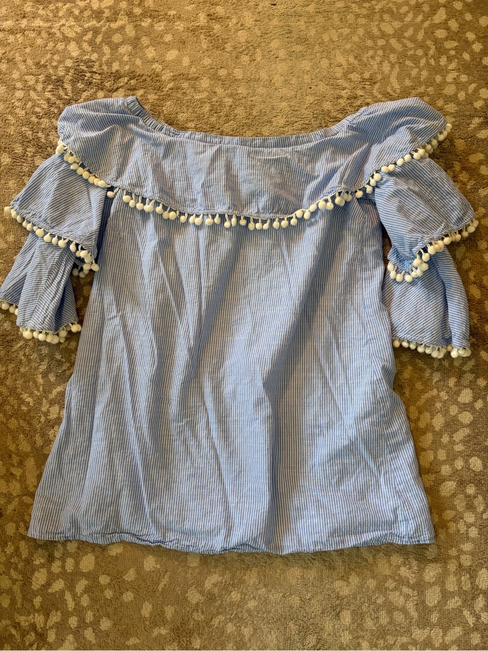 Forever 21 Blue Striped Off-Shoulder Top with White Pom-Pom Trim